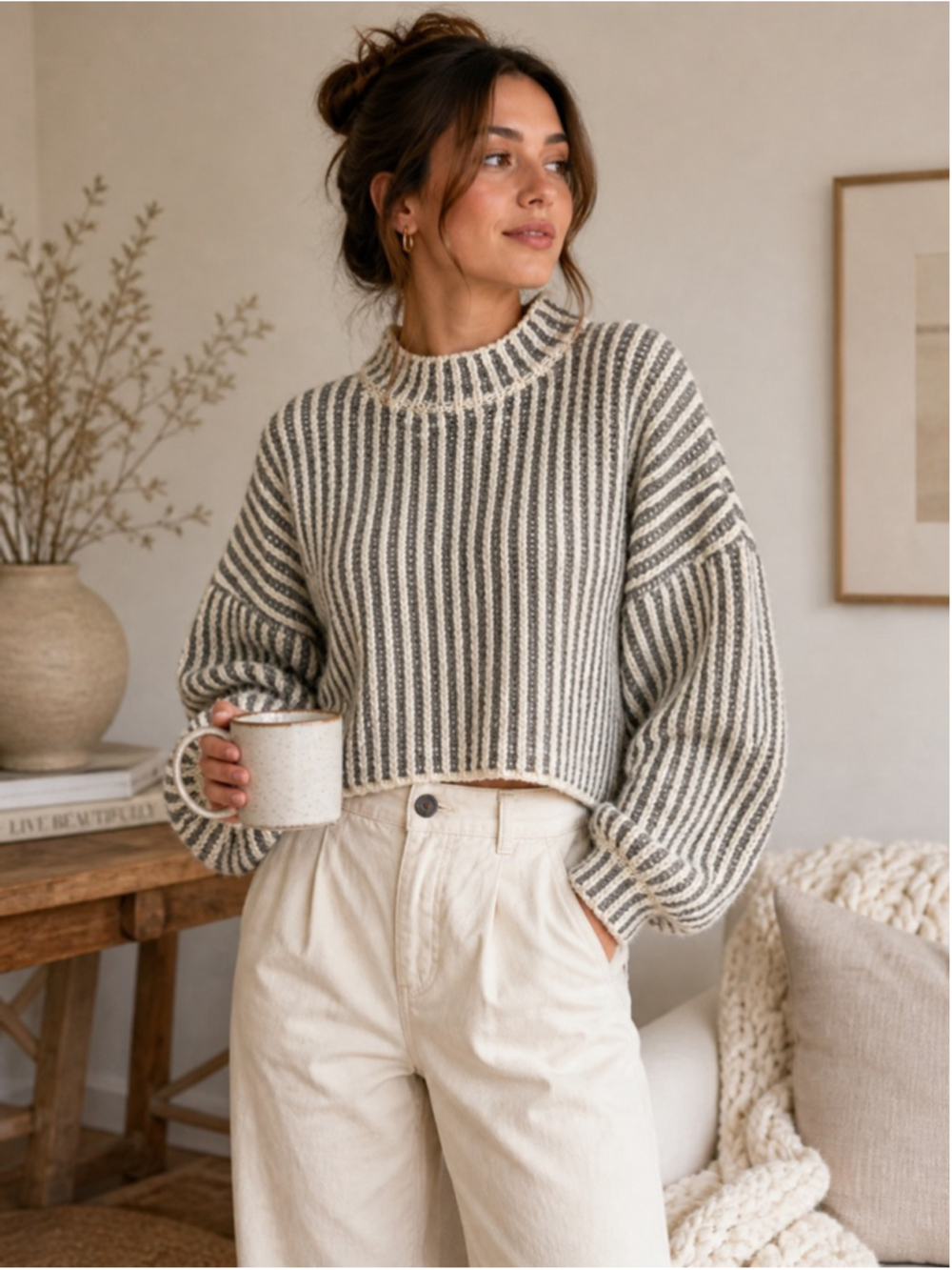 POL Gray & Cream Chunky Knit Sweater Size L Balloon Sleeve Cropped Cozy Boho